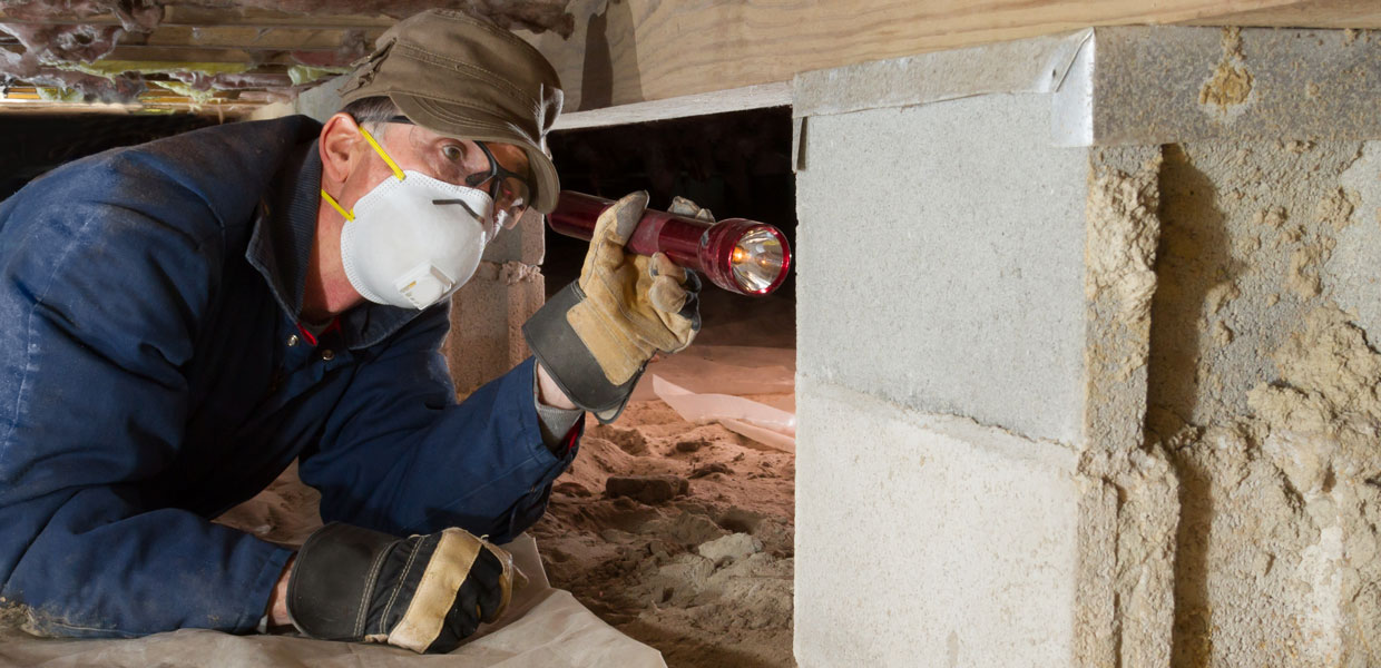 Inspector looking at foundation underneath a house